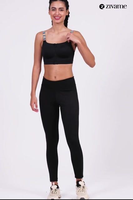 Zelocity High Impact Quick Dry Front Opening Multicolor Strap Sports Bra - Jet Black — video thumbnail